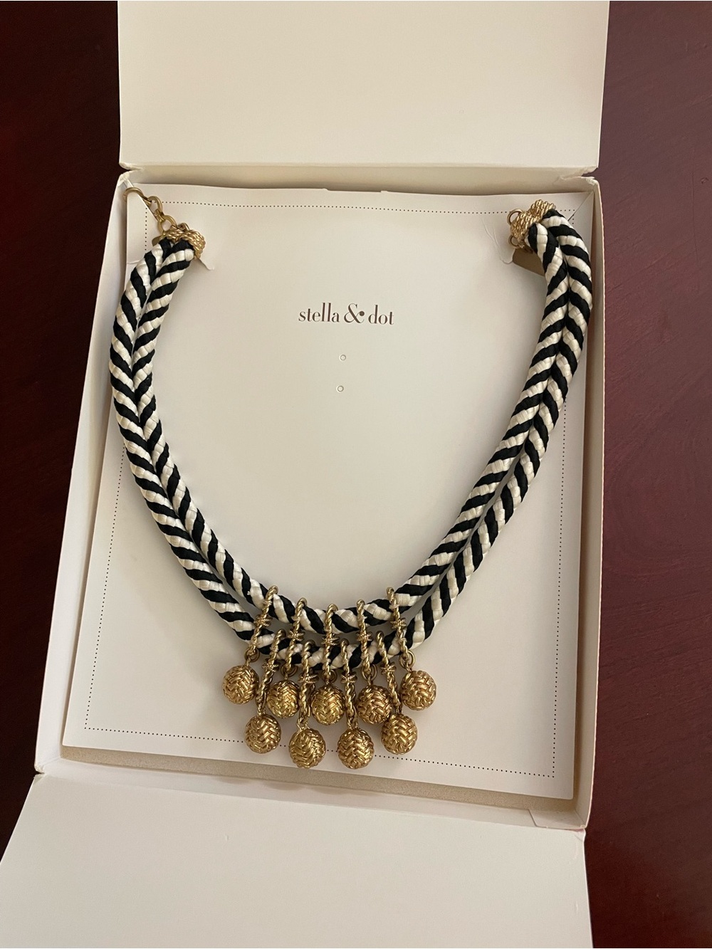 Stella & Dot Black and White Braided Rope Necklace with Gold Charm Drops